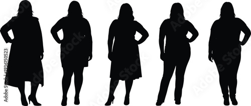 Plus size women silhouettes collection showing curvy female body shapes standing poses isolated on white background illustration set