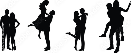 Romantic couple silhouette collection, love relationship moments, man and woman hugging lifting and piggyback, happy romantic partnership concept