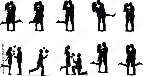 Romantic couple love silhouettes set with proposal and kissing poses, valentine relationship romance concept illustration collection