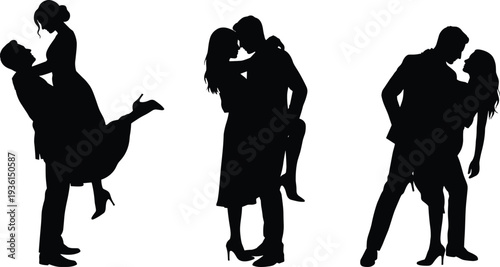 Romantic couple silhouette hugging kissing and lifting isolated on white background love relationship passion affection romance illustration concept