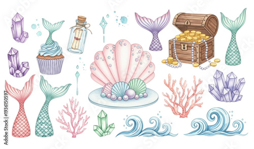 A whimsical vector illustration of mermaid tails and ocean treasures