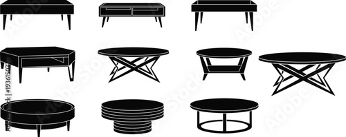 coffee table silhouettes set, modern living room table collection, round and square furniture designs, interior furniture vector illustration