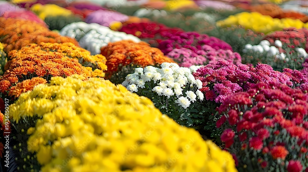 Fototapeta premium Vibrant and Colorful Flower Field with Various Chrysanthemums