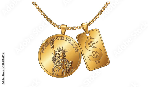 A gold necklace with two pendants, one featuring the Statue of Liberty and the other a dollar sign.