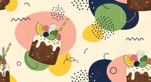 Colorful Kulich Cake Pattern: Abstract Geometric Texture with Easter Pastry Illustration