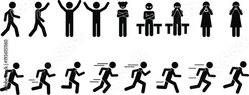 Stick figure people activity icons set, walking, running, emotions, gestures, human actions, pictogram symbols, vector style illustration collection