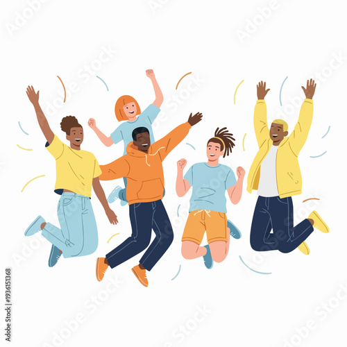 Diverse group of friends jumping joyfully together.