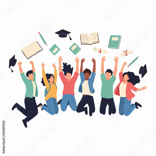 Diverse group of happy students celebrating graduation with joy.