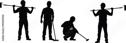 construction worker silhouettes set, builders with tools working poses, industry labor concept, professional construction team vector illustration collection
