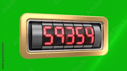 Digital counter displaying the number 5959 on a gold-rimmed casing against a vibrant green screen background
