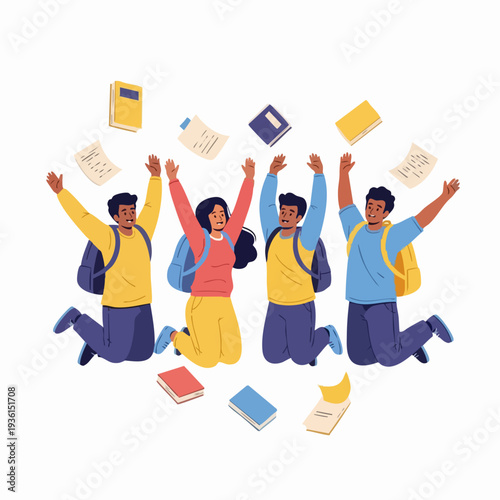 Happy students celebrating with books and backpacks jumping in the air.