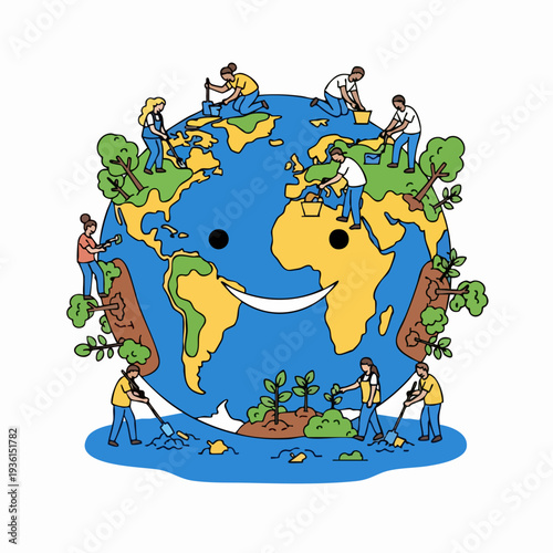 People working together to care for a happy planet Earth.