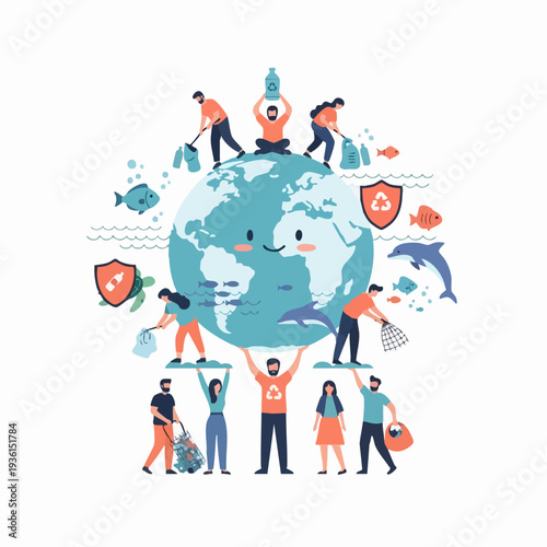 People cleaning up planet Earth for environmental protection.