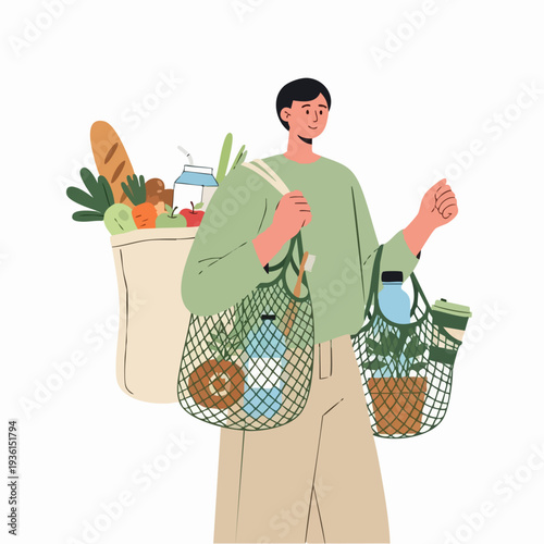 Person carrying reusable shopping bags filled with groceries.