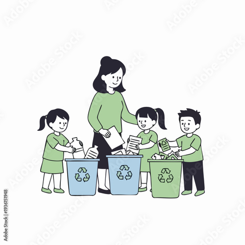 Teacher and children recycling waste in bins.