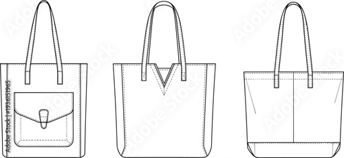 Tote bag outline templates with front and back views, blank reusable shopping bag design isolated on white vector illustration
