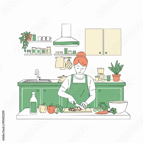 Woman preparing healthy food in a modern kitchen environment.