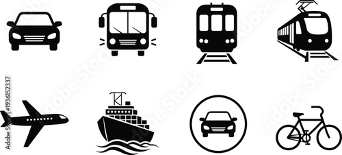 Transportation icons set, car bus train airplane ship bicycle, public transport symbols, travel vehicle collection, mobility concept vector illustration