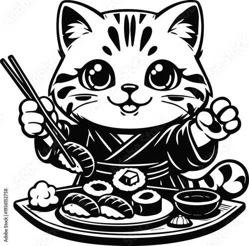Cute sushi cat chef mascot black and white vector logo