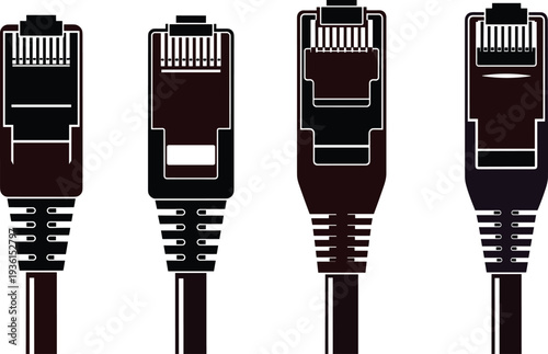 ethernet cable connector set, network LAN plug icons, internet connection technology, RJ45 data cable vector illustration collection