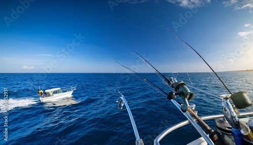 a panoramic view of boat fishing with a trolling rod and reels on the blue sea a broad shot of a boat fishing in the blue sea using a trolling rod and reels boat fishing in the blue sea captured
