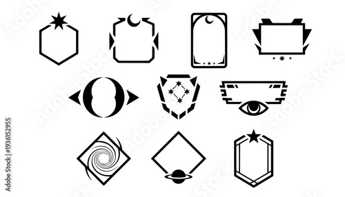 Set of black isolated vector icons featuring futuristic scifi HUD UI badges, esoteric celestial frames, planets, galaxy spirals, and mystical eye