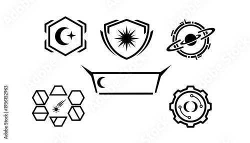 Set of black isolated vector icons featuring futuristic space scifi HUD UI badges, astronomy frames, tech gear, planet, moon, and shield emblems