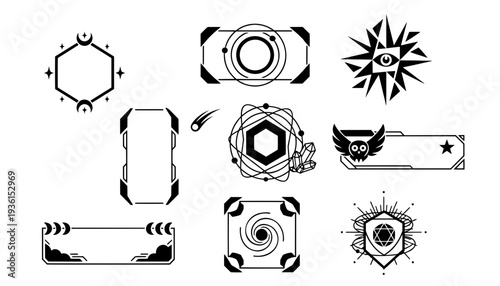 Set of black isolated vector icons containing futuristic scifi HUD frame borders, esoteric mystical owl, magical crystals, moon phases and cosmic eye