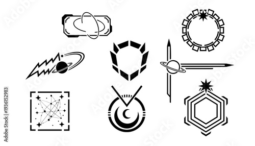 Set of isolated black vector icons featuring futuristic scifi HUD UI space planet badges, tech borders, esoteric pentagram shield, and moon symbols