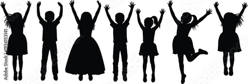 kids jumping silhouettes set, happy children jumping poses, playful childhood activity, excited boys girls vector illustration collection