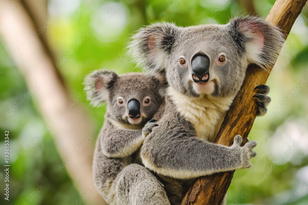 Obraz premium Koala mother carrying her baby joey on her back, resting on a tree branch, showing natural bond and wildlife in Australia