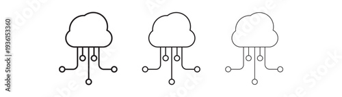 Cloud computing web icon set. Set of 5 outline icons related to cloud technology, data center, connection network, digital service, database platform. Linear icon collection.