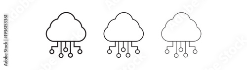 Cloud computing web icon set. Set of 5 outline icons related to cloud technology, data center, connection network, digital service, database platform. Linear icon collection.