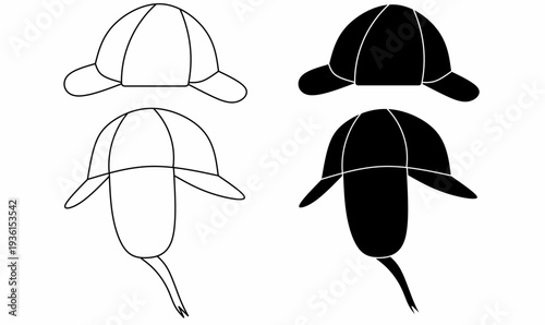 icon set of deerstalker cap is also known as a fore-and-aft cap or tweed helmet. vector illustration in outline and silhouette style isolated on white background