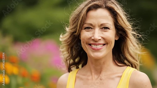 Smiling middle-aged woman with blonde hair poses outdoors in a garden setting.