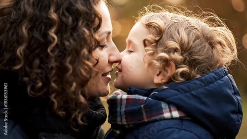 Mother and small child touch noses affectionately outdoors during the cold season.