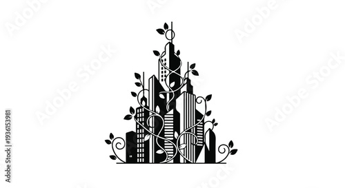 black and white cityscape with skyscrapers and plants