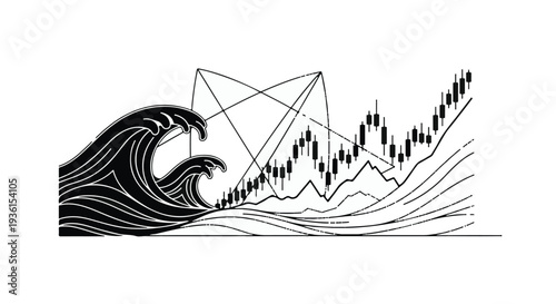 stock market graph with wave crashing illustration