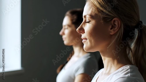 Two women practice meditation with eyes closed in soft side lighting near a window.