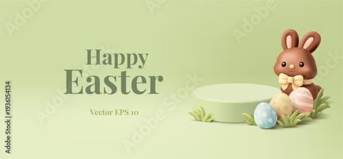Green spring banner with 3D empty podium for products, chocolate bunny, Easter eggs, grass. For concepts of placing discounts and products. Spring offer. Vector illustration.