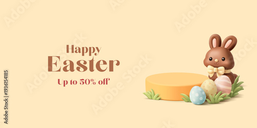 Promotional spring Easter banner with discount on goods and products. 3D chocolate bunny, empty podium, Easter eggs, grass. Vector illustration.