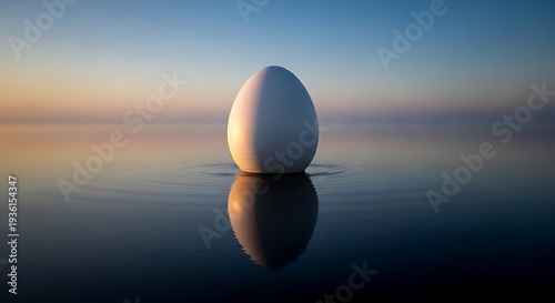 Solitary egg sculpture reflects calm sunrise over still water