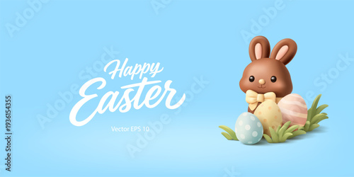 Cute chocolate bunny in the grass, Easter eggs, 3D. Blue spring Easter greeting banner. Children, fun, celebration. Vector illustration.
