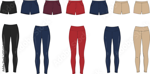 Women sports shorts and leggings collection athletic fitness clothing set various colors activewear vector illustration isolated on white background