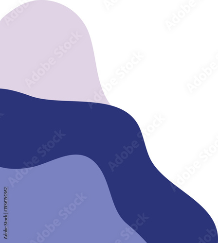 Abstract illustration featuring layered, wavy shapes in shades of purple and blue against a white background.