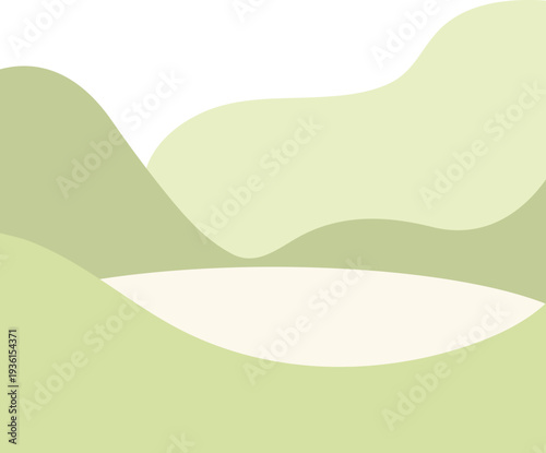 A tranquil vector illustration depicts a minimalist landscape with layered green hills and a light-colored lake or valley under a white sky.