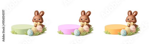 Set of colorful empty podiums with chocolate bunny, Easter eggs, and grass. For advertising goods, discounts, and services, vector illustration.