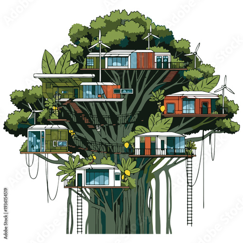 Treehouse village featuring modern eco friendly homes and wind turbines nestled within a large green tree illustrating sustainable living