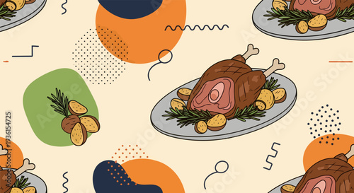 Decorative Roast Chicken Texture: Abstract Geometric Pattern with Rosemary and Potatoes