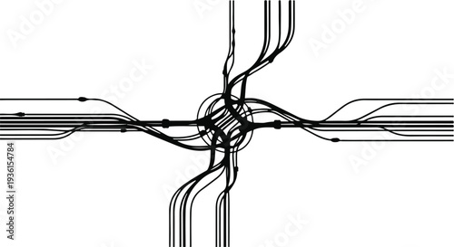 black and white illustration of train tracks intersection